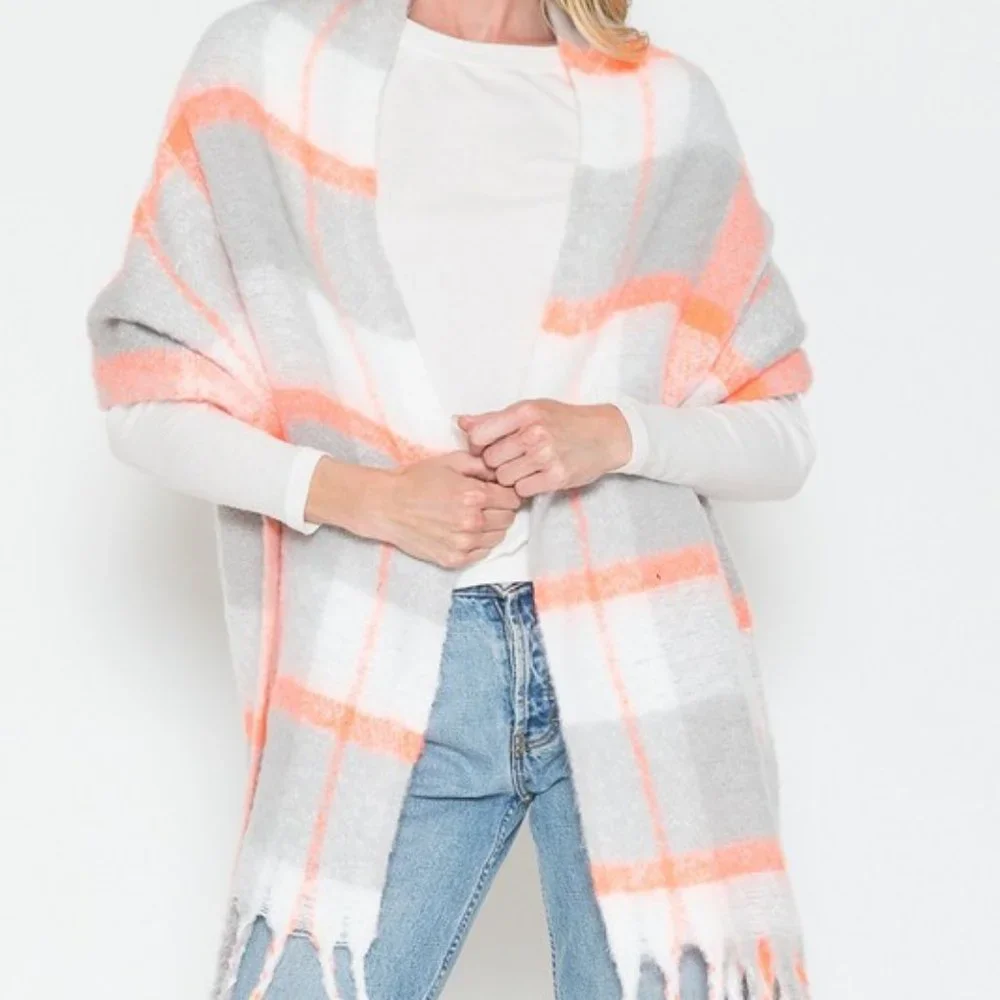 Gray, Orange & Ivory Plaid Scarf with Whimsical Fringe - Picture 4 of 8